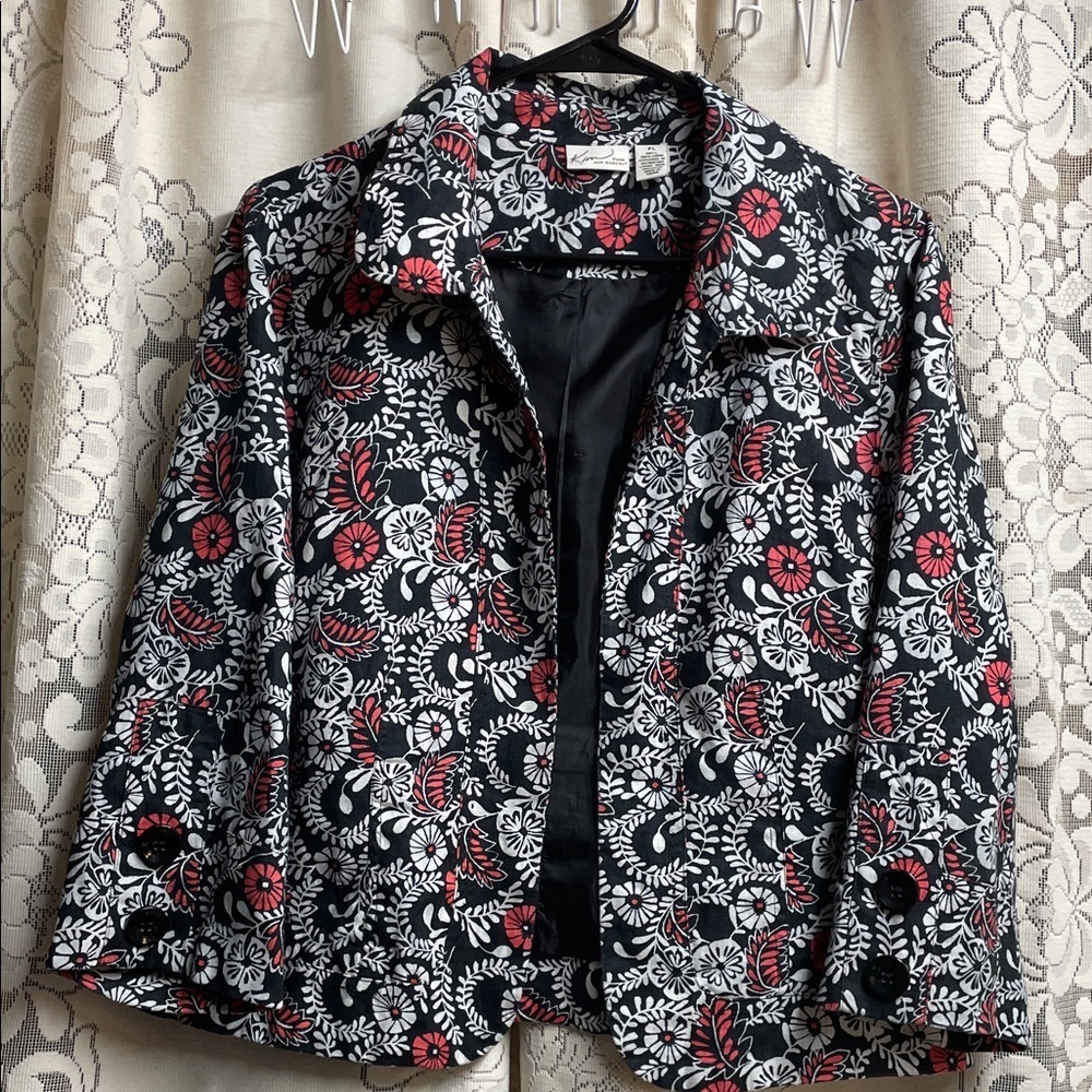 Kim Rogers 100% Linen Black and Red Floral Blazer